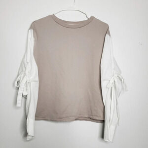 A Pictures Worth Womens Colorblock Top Medium Tan White Roll Up Sleeve S…